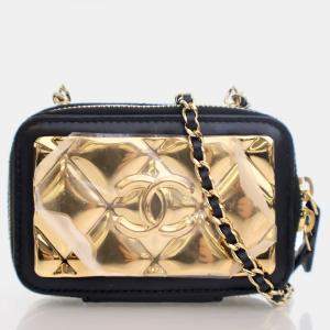 Chanel Extra Mini Black Lambskin Golden Plate Zip Around Vanity Case