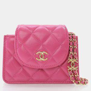 Chanel Mini Pink Lambskin Flap Clutch On Chain