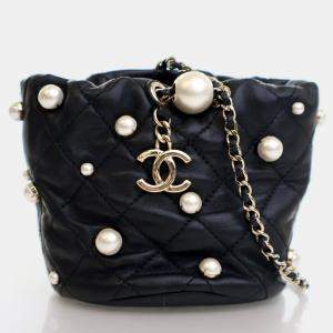 Chanel Mini Black Lambskin About Pearls Bucket Bag