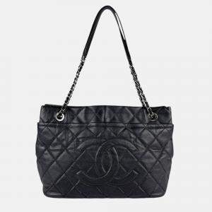 Chanel Shoulder Bag Caviar Skin Leather Black Silver