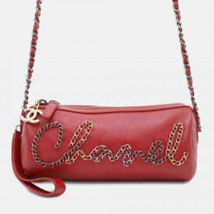 Chanel Written In Chain Red Leather Bowling Bag 
