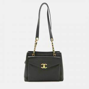 Chanel Coco Mark Tote Bag Chain Shoulder Caviar Skin Leather Black