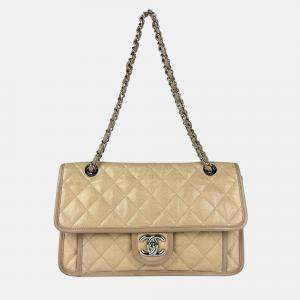 Chanel Shoulder Bag Caviar Skin Leather Beige Silver