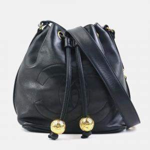 Chanel CC Drawstring Black Leather Shoulder Bag 