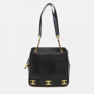 Chanel Coco Mark Triple Chain Shoulder Bag Tote Caviar Skin Black