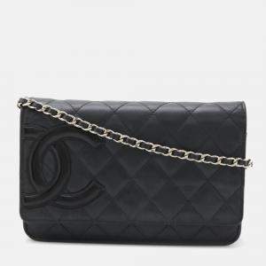 Chanel Cambon Line Coco Mark Chain Wallet Shoulder Bag Pochette Calfskin Enamel Black