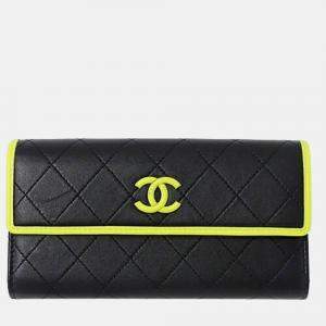 Chanel Wallet Matelasse Long Lambskin Black Yellow Bicolor