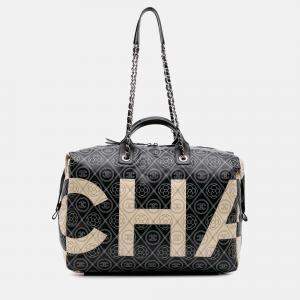 Chanel Black/White Large Coated Canvas Camellia Maxi Logo Bowling Bag