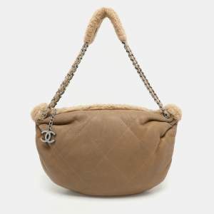 Chanel Light Brown Quilted Leather and Shearling Accordion Bag