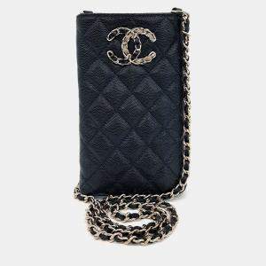 Chanel Black Leather Caviar Phone Holder Crossbody Bag