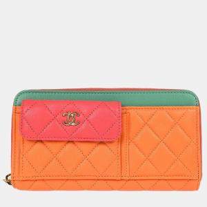 Chanel Long Orange/Pink Calfskin Leather Wallet