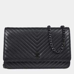Chanel Classic Black Lambskin Chevron Wallet On Chain