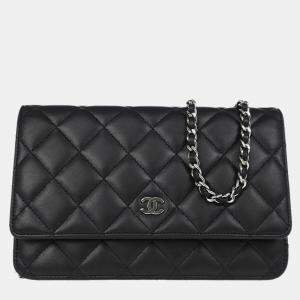 Chanel Classic Black Lambskin Chevron Wallet On Chain