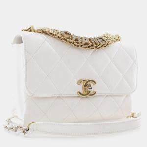 Chanel Silver Small Quilted Lambskin Crystal Logo Letters Chain Flap