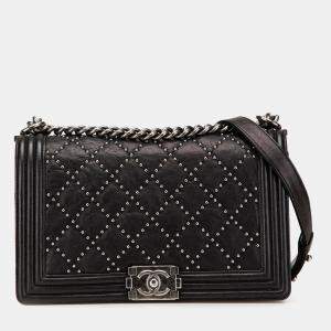 Chanel Black Old Medium Quilted Crumpled Calfskin Studded Boy Flap