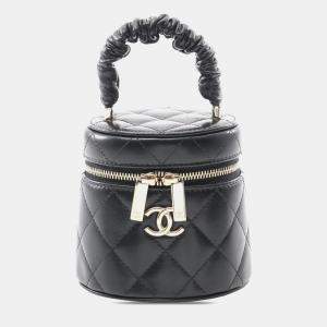 Chanel Black Mini Quilted Lambskin Ruched Handle Vanity Case