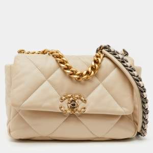 Chanel Cream Quilted Leather Small 19 Flap Bag