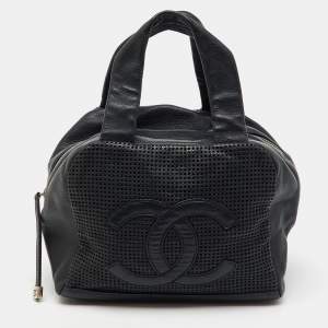 Pre Owned Chanel Black Leather Perforated CC Bowler Bag