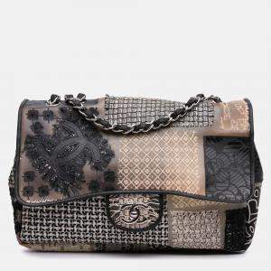 Chanel Black/White Jumbo PVC and Tweed Patchwork Single Flap