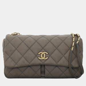 Chanel Stitch It Grey Leather Double Pocket Flap Bag