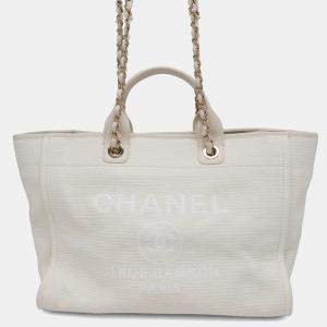 Chanel Deauville 2Way Chain tote Bag Ivory Canvas Leather Size Gm