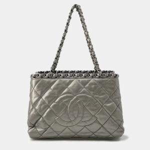 Chanel Matelasse Cc Logo Chain Me Tote Bag Silver Calf Leather