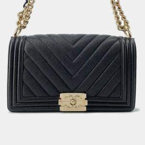 Chanel Boy Chain Black Soft Caviar Leather Shoulder Bag 