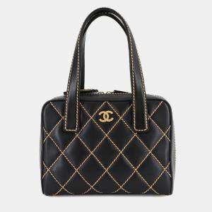 Chanel Wild Stitch Handbag Leather Black Coco Mark Bag
