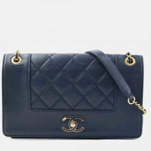 Chanel Shoulder Bag Leather Metal Navy Gold