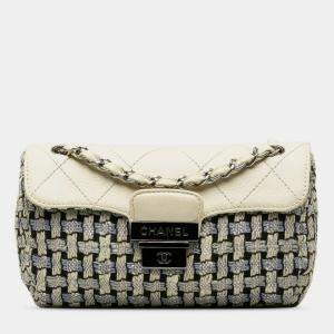 Chanel Wild Stitch Coco Mark Tweed Chain Shoulder Bag Blue White Wool Leather