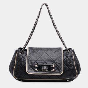 Chanel Black White Quilted Lambskin East West Accordion Flap