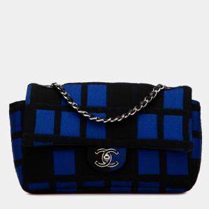 Chanel Black/Blue Medium Jersey Grid Single Flap