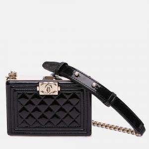 Chanel Black Quilted Patent Boy Box Minaudiere on Chain