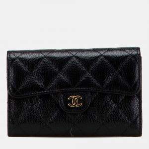 Chanel Black CC Quilted Caviar Trifold Flap Wallet