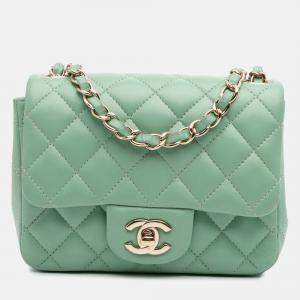 Chanel Green Mini Square Classic Lambskin Single Flap