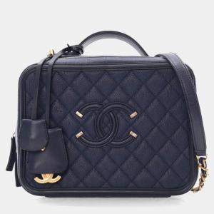 Chanel Large Navy Caviar Filigree Vanity Case