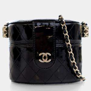 Chanel Mini Black Patent Round Vanity Case With Chain