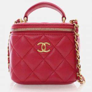 Chanel Mini Red Lambskin Top Handle Vanity Case With Chain
