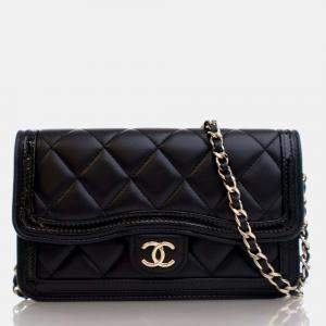 Chanel Black Lambskin Phone Holder Wallet On Chain