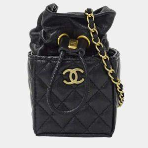 Chanel Drawstring CC Mini Black Quilted Leather Bucket Bag