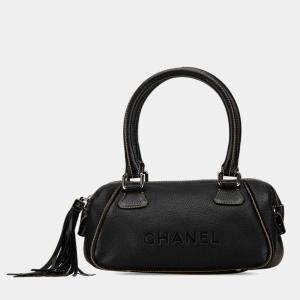 Chanel Embossed  Black Leather Boston Bag