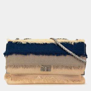 Chanel 2.55 Beige Navy Linen Chain Shoulder Bag 