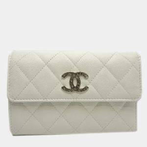 Chanel White Caviar Skin Long Tri-Fold Wallet  
