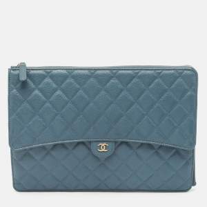 Chanel Blue Quilted Caviar Leather Classic CC Flap Zip Pouch Clutch