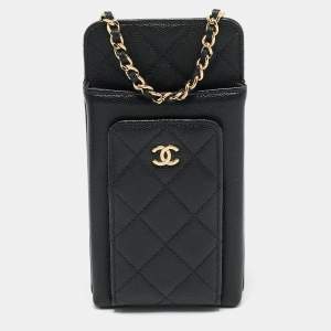 Chanel Black Quilted Caviar Leather O-Phone Holder Crossbody Bag