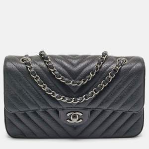 Chanel Black Chevron Caviar Leather Medium Classic Double Flap Bag