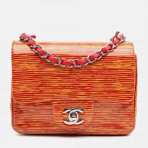Chanel Orange Mini Square Classic Patent Striped Single Flap