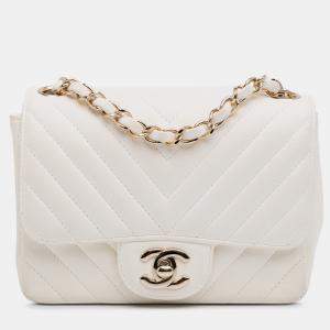 Chanel White Mini Square Classic Chevron Lambskin Single Flap