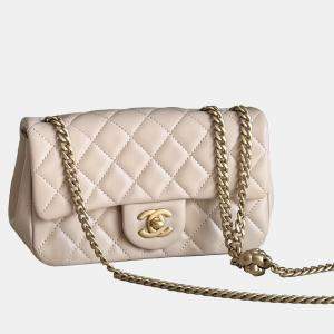 Chanel Mini Beige Lambskin Camellia Clasp Chip Model