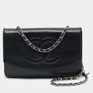 Chanel Black Caviar Leather CC Timeless Wallet On Chain
